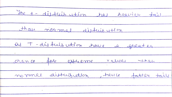 the t- dis tuis ution has heavier than nog mal disfuib ution + dis felbution hawe greater chance for ettireme values normal d