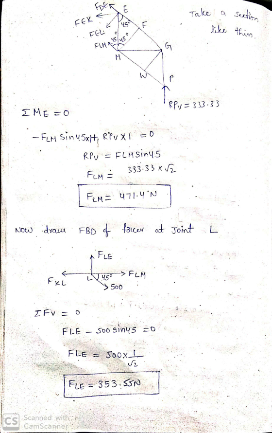 FDER E Take a a section, FEKE ugd F like this. FEL 45 45 FLM A G M W Tepu = 213.3 RPv=333.33 IME = 0 =0 - FLM sin 45xhi RPUXI