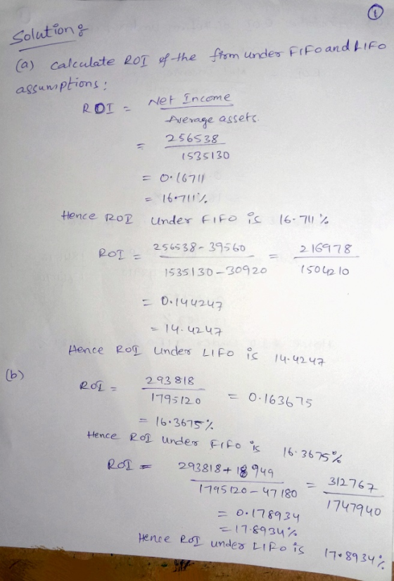 Hence Rot under LIRO is 17-8934% solution & calculate ROI of the firm under Fifo and Lifo assumptions: ROI - Net Income Avera