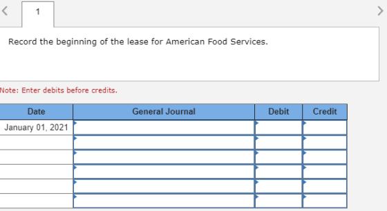 Record the beginning of the lease for American Food Services. Note: Enter debits before credits. General Journal Debit Credit