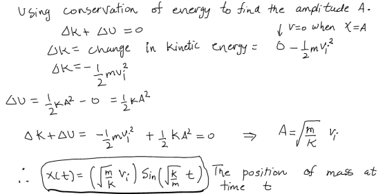 using conservation of energy to find the amplitude A. Okt 20 =0 - v r=0 when X=A Ok= change in kinetic energy = o- Imv? OK =