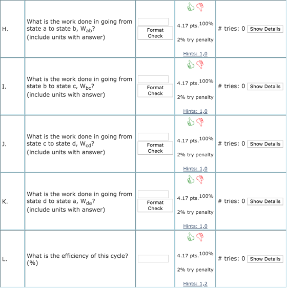 What is the work done in going from state a to state b, Wab? (include units with answer) 4.17 pts. 100% H. # tries: 0 Show De