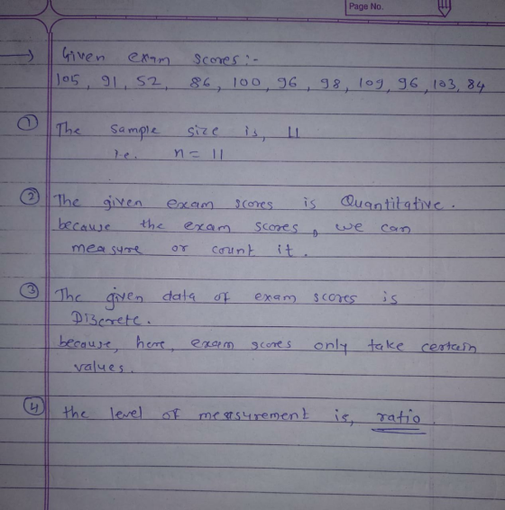 Page No. う 11 Given The Sample siz e is Li Mell (DİThe given ex an scores is Augniitqfvc becauye the exam Scoves mea syst en
