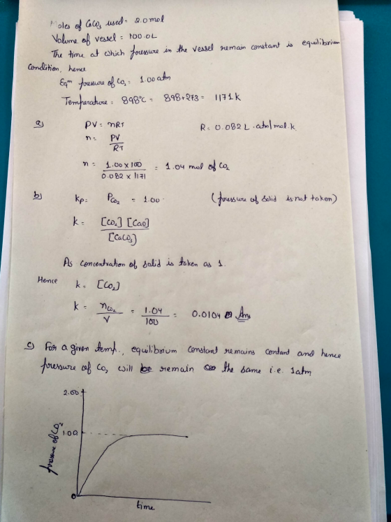 equilibrium Moles of Coloz used: 2.0 mol Volume of vessel = 100.0L The time at which pressure in the vessel remain constant i