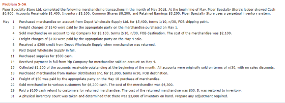 Problem 5-5A Piper Specialty Store Ltd. completed the following merchandising transactions in the month of May 2018. At the b