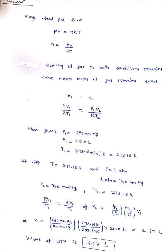 Answer using ideal gas law PV = nRT n= PV quantity of gol in both conditions remains same means moles of gel remains same. op