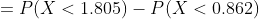 =P(X<1.805)-P(X<0.862)