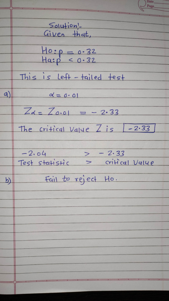 Date Page a Solution! Given that, Hoip-o-32 Haip <0.32 This is left -tailed test a) 2 = 0.01 Za = Zoool = - 2.33 The critical