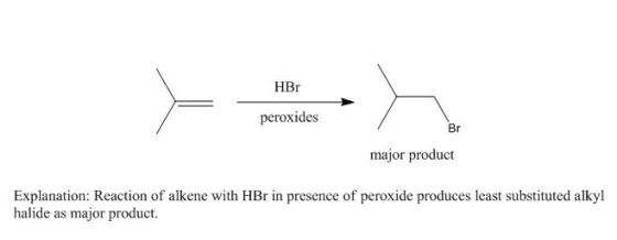 HBr peroxides Br major product Explanation: Reaction of alkene with HBr in presence of peroxide produces least substituted al