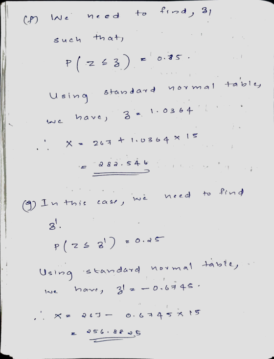 to food, 31 CD Ne need such that 0.5. Р 253) 2. = standard normal tables Using 1.0364 have, Za houc 267 + 1,0364 x 15 - 2 82.