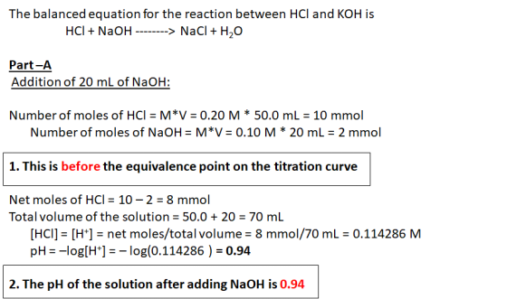 The balanced equation for the reaction between HCl and KOH is HCI + NaOH --------> NaCl + H2O Part-A Addition of 20 mL of NaO
