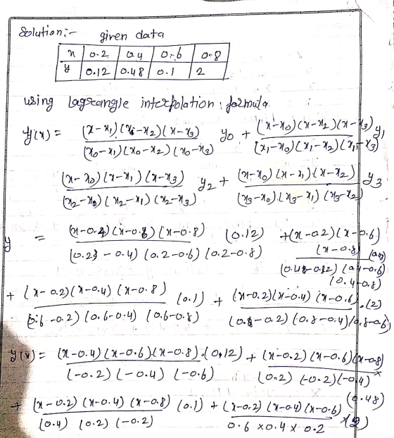giren data Solutionic ون 8 ۰ 2 وفا 8 با 00 / 0.12 و 2. اون y using Lagrangle interpolation i formula ۹) = 2 - * (% -82) x-) ه