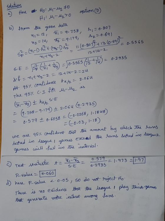 solution a Here to up-M2 70 Hili - M₂²0 b) from the given data ni=12, X = 9.758, s,=0.807 N2 = 14, n=9.179, b2 = 0.691 22 (9,
