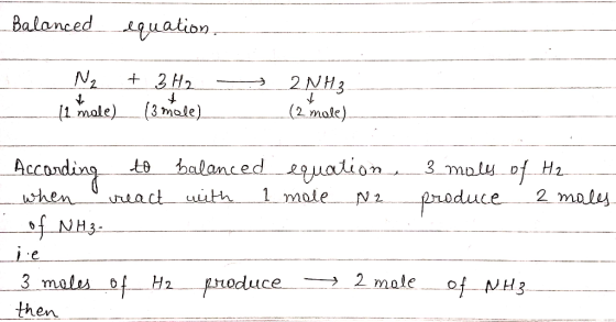 Balanced quation 2H2 2NH3 (2 mole). (3 male) 1 mole) balanced egualion 1 mole 3 malu of Hz to Accading 2 males when roduce ea