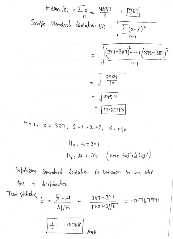meam (Ž= x = 4257 = 1387 Sample Standard deviation (s) = [(x-x)? n- = 394-387) * -- +/378–38772 11-1 2984 10 = 12984 = (17.27