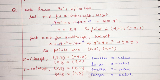 we have 9x² + 16y² = 144 put y=0 for x-intercept, we get Au?+ 0 =+44 16 = 16 = 4? x= + 4 so point is (4,0), (-4,0) feet a=0 f