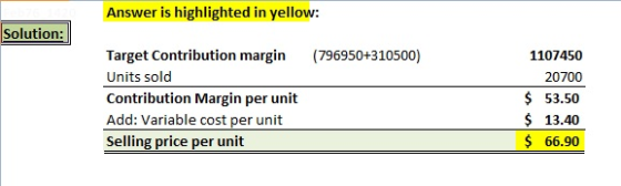 Answer is highlighted in yellow: Solution: (796950+310500) Target Contribution margin Units sold Contribution Margin per unit