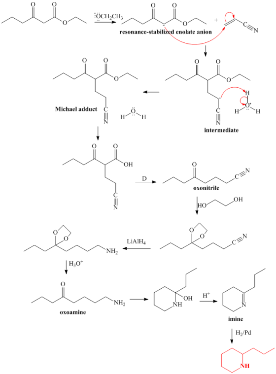 OCH CH resonance-stabilized enolate anion Michael adduct intermediate он oxonitrile OH LiAlH NH H30 OH NH2 NH oxoamine mine H