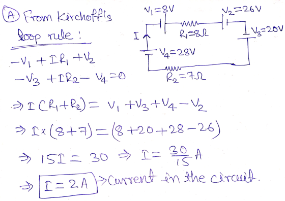 Ni=8V No =26V I ve=20v H Ri=82 A From Kirchoffs Roop rule : -Vi TIR TV₂ -V3 +1R2- 440 V4=287 I R2=72 » ICR TR2) = V, TV₂ +V4