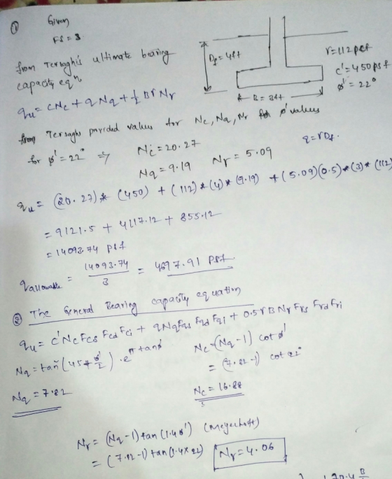 0 Giver Do=4ft FS = 3 from Terraghis capacity equ ultimate bearing Q = VD+ r=112 pet qu = Cheta Na+ BrNr & 7 c=450pst # B=24