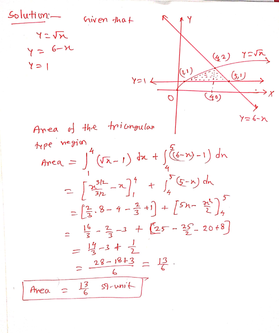 solution: - Given that AY yan 6-1 Y= (42) y=5a Y=1 (5,1) YAIK 4) Х Y=6-2 Area of the triangular tipe region tren =) * (2-1) *
