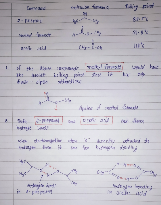 Compound molecular foomala Boiling point 2- propanol 82.506 H (H₂ Hlo-lho 31.8% methyl formate acetic acid CH₃ - C-OH 118°6 1