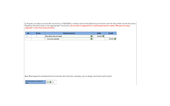 c. Prepare an entry to record the incurrence of $20.825 in various actual manufacturing overhead costs for December (credit A