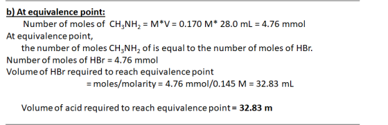 b) At equivalence point: Number of moles of CH3NH, = M*V = 0.170 M* 28.0 mL = 4.76 mmol At equivalence point, the number of m