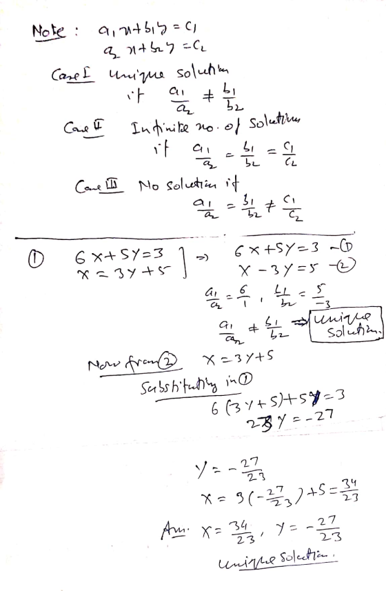 Instinite no. of soketiru Note : Gintbiy=Cl a ntbry=& Care I unique solution it bi + 32 CU a Care I a chu if bi 52 No solutio