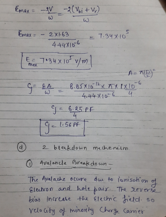 Emax = -2V -2(Vbi + Vy) لا لا Emax = - 2x163 - 7.348105 4.448156 E = max A=T(D) G - EA 6.65X162 x KX IXLOS 4,44X-166 4 G = 6.