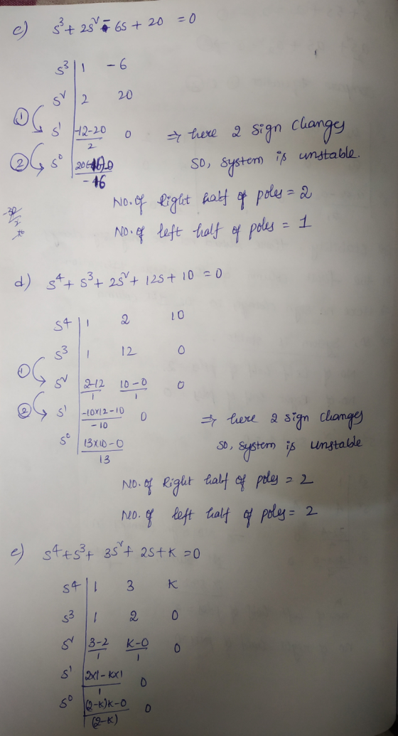 e) 3 + 25 or 6S + 20 =0 $311 -6 12 20 s 12-20 o here a sign changes 2 ss 2014 so system is unstable. No. of Right half of po