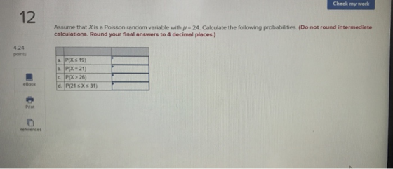 Check my work Assume that X is a Poisson random variable with μ = 24, Calculate the following probabilities (Do not round intermediete calculations. Round your final answers to 4 decimal places.) 4.24 ponts a. PCXs19) b. P(X 21) c. POX > 26) d. P(21sXs 31) eBook Print References