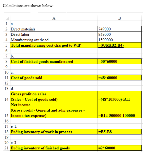 Calculations are shown below: B a. A 1 2 Direct materials 3 Direct labor 4 Manufacturing overhead 5 Total manufacturing cost