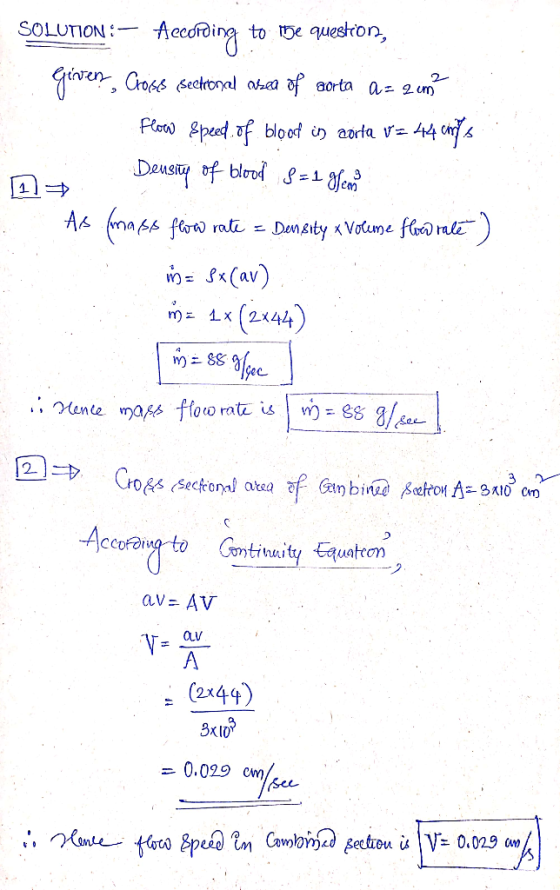 SOLUTION : – According to IDe question, given, Cross sectional area of aorta a= 2 cm Flow speed of bloof in aorta uz 44 anys