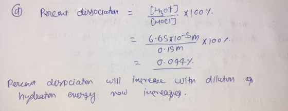 A. @ Pereant dissociation = thot x 100%. CHOCI = 6.6sxlors mx1004. 0.15m = 0.0947 Percent dispciaton will increase with dilat