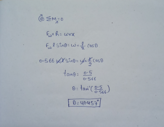 @ EM=0 Fox h = wxx Folsino= wxl coso 0.566 WX sino = you cose tano= 0.5 g=tan(05) 0=41457) 0.566