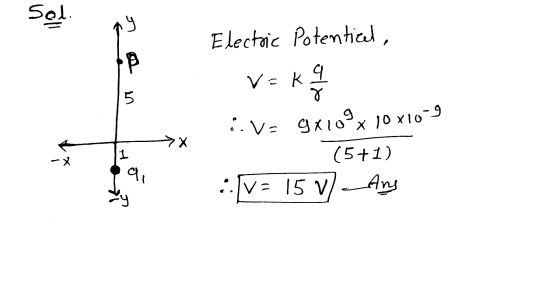 Sol. 9 Electoic Potentiel, p Vak 9 5 ४ 9x109 x 10 xloog 7X 1 -X v (5+1) :|v=15v/ Ang 9,