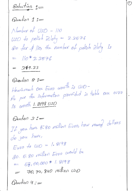Bokuetion := Question 1 := Number of USD - 110 USD to polish Zloty - 3.3576 so for $110r. the number of polish Zloty is = 110