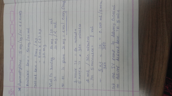 * Aminophylline 5 mg/kg / iv q 6 Hourly Available dose = 50 mg / 10 ml Desired dose = 5mg / kg = 5 mg x C2kg. - 10 mg vial is