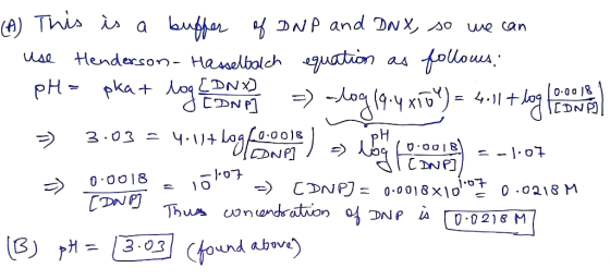 (A) This is a buffer of DNP and DNX, so we can use Henderson- Hasselbalch equation as follows: - pH = pka + log [DNX =) =log
