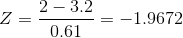 Z=\frac{2-3.2 }{0.61 } = -1.9672