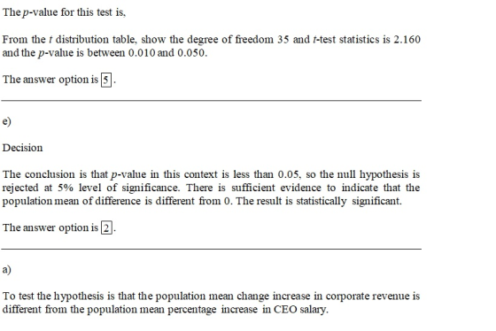 The p-value for this test is, From the t distribution table, show the degree of freedom 35 and t-test statistics is 2.160 and