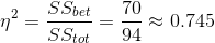 \eta^{2}=\frac{SS_{bet}}{SS_{tot}}=\frac{70}{94}\approx 0.745