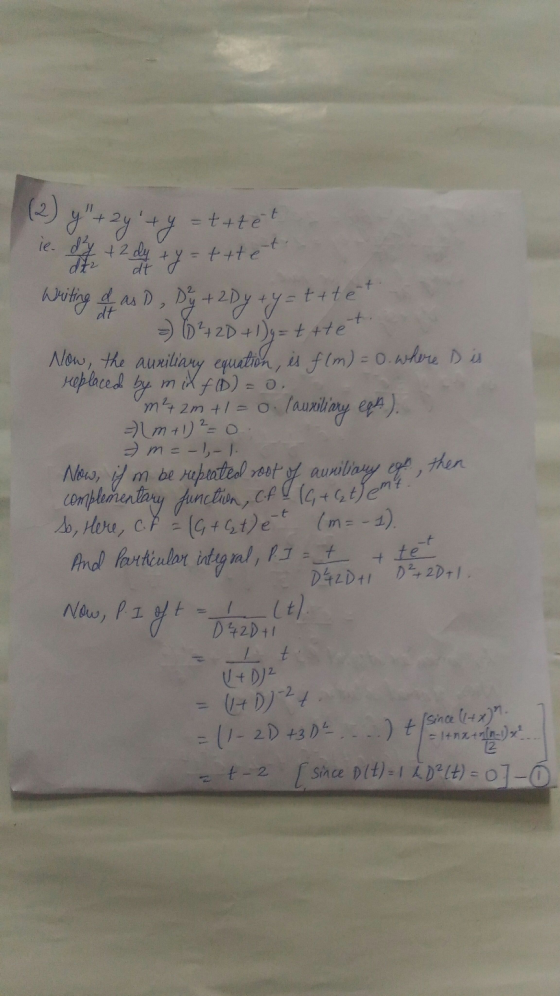 (2) g + 2y ty iedy + 2 dy dt dt ty=trte t+tet. => 01 4+te+ complašrentary function, Cfl (6+atem =t+tet e-t Writing of as D,