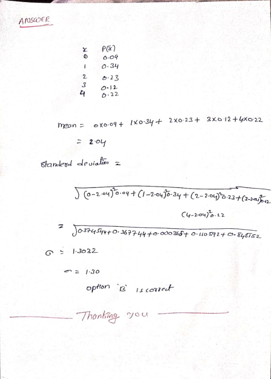 ANSWER 0 P& 0.09 0.34 - 2 3 4 0.23 0-12 0.22 mean - ox0.09 + 1X0:34 + 2X0-23 + 3X0-12 +4x0.22 = 2:04 Standerd deviation 쇼 J(-