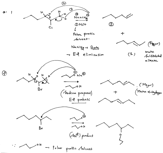 NONHA DM50 1 CI 6 Polar protic Solvent (Mayor) Nanna Base - Eg elimination (2) more luistituted alkene. LOH Br (Major) (More