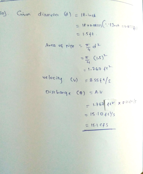 se) . Ciun diameter (d) 18-inch 18 xo.og m(.. . {Inch = 주 (1,5 ) 4 1-767 ft . ve lociny ).5s Disc han