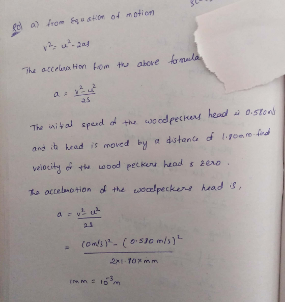 of motion ol a) from Ea u aton fo The accela Hon from Hu above oS The ini 누 al speed of the woodpeckers hadúo.530nh and it he