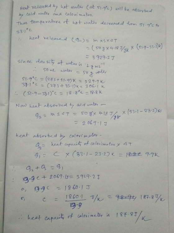 Heat released ised by hot water (at 51.9°c) will be absorbed by cold water and calorimeter. This temperature of hot water dec