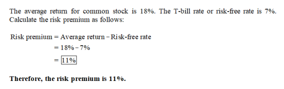 The average retum for common stock is 18%. The T-bill rate or risk-free rate is 7%. Calculate the risk premium as follows: Ri